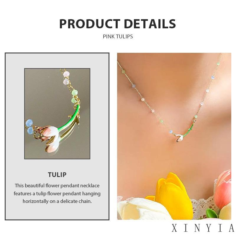 【Bayar di tempat】Kalung Rantai Kristal Liontin Tulip Pink Wanita Gaya Korea