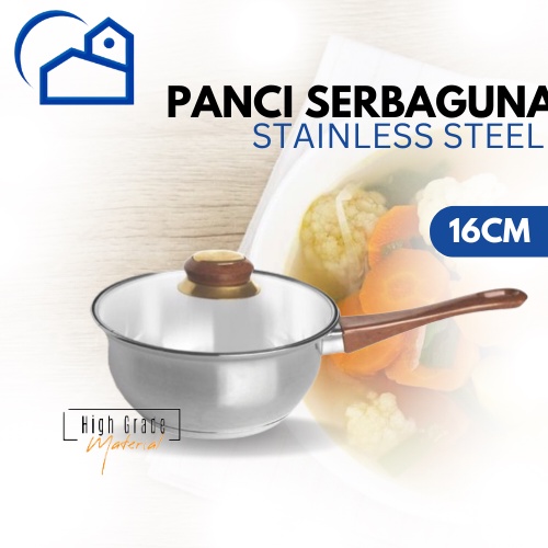 Panci Susu Stainless panci rebus 8216 16cm dg tutup kaca gagang panjang