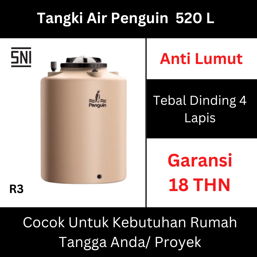 Tandon Tangki Toren Air Plastik Penguin General Tank 500 Liter 520 Liter R3 Anti Lumut Berkualitas Tandon Tangki Toren Air 500 Liter 520 Liter