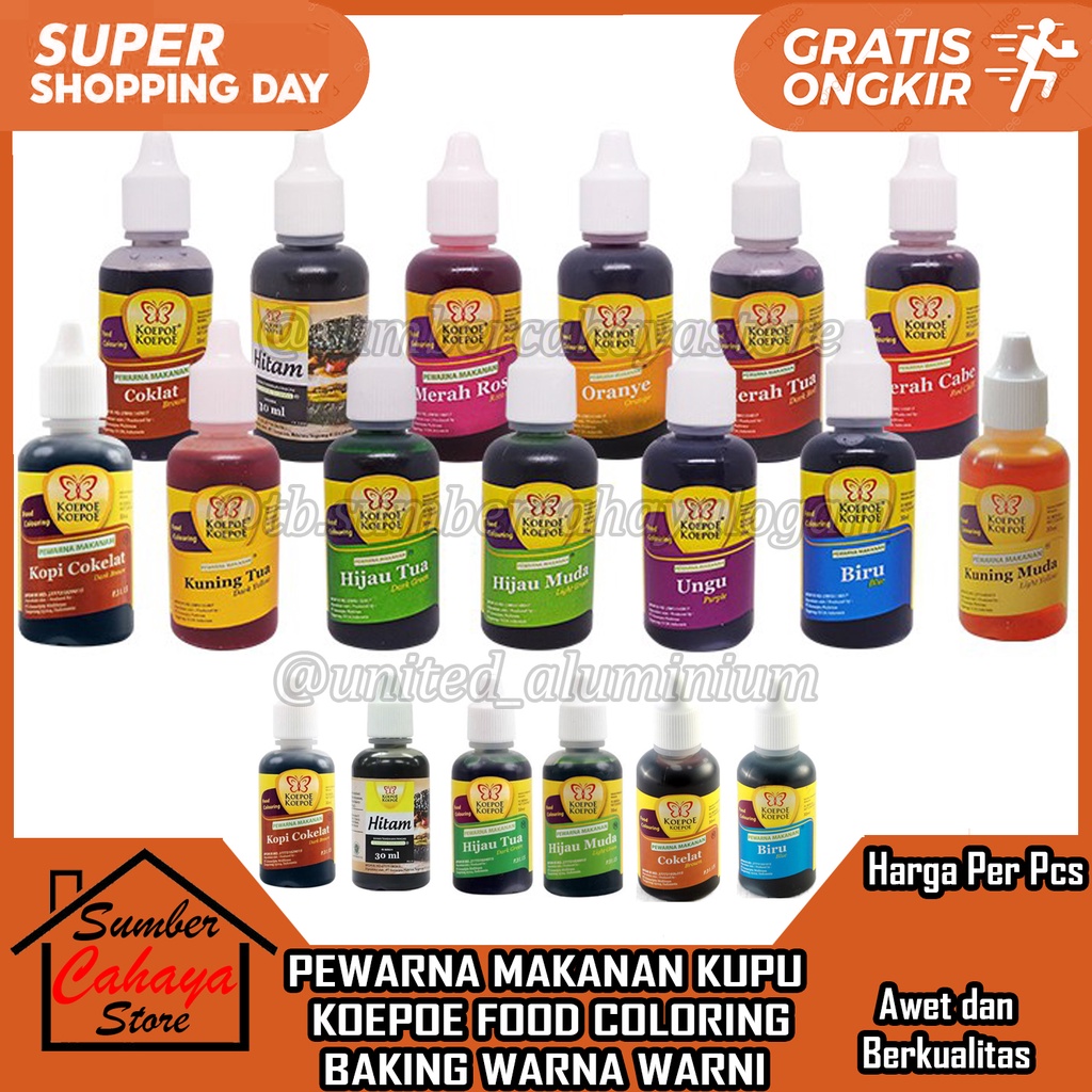 

Koepoe Pewarna Makanan Food Coloring Baking Ukuran Uk. 30ml 30 ML Kupu Foodgrade Food Makan Grade Warna Warni Campur Koe Poe Kemasan Botol Tube Kecil Hijau Biru Merah Kuning Hitam Cokelat Tambahan INI Bahan Adonan Kue