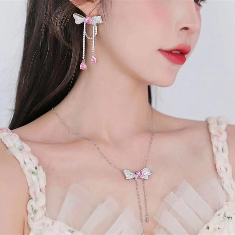 Anting Jepit Korea Ringan Mewah Elegan New Pink Bow Drop Fringe Earrings