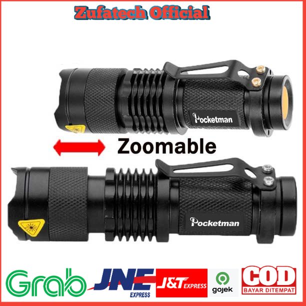 TaffLED Senter LED 2000 Lumens Waterproof + Charger + Box Pocketman P1 - Black
