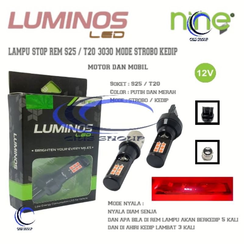 LAMPU LED STOP REM MOTOR MOBIL S25 12 TITIK  MODE KEDIP SUPER BRIGHT 9NINE S25/T20 2 KAKI UNTUK LAMPU STOP REM MOTOR DAN MOBIL