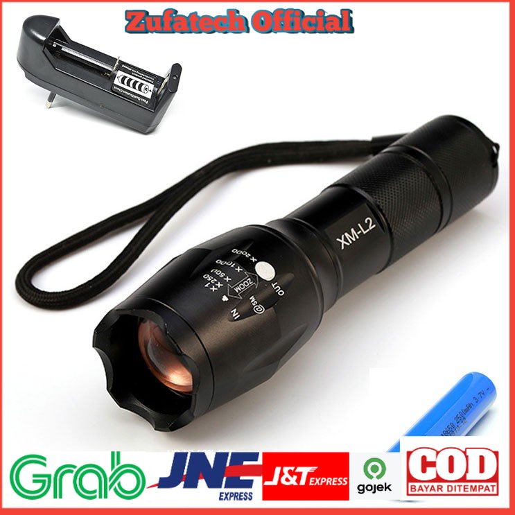 TaffLED Paket Tactical Flashlight Cree XM-L2 8000 Lumens + Baterai 18650 + Charger - E17 - Black