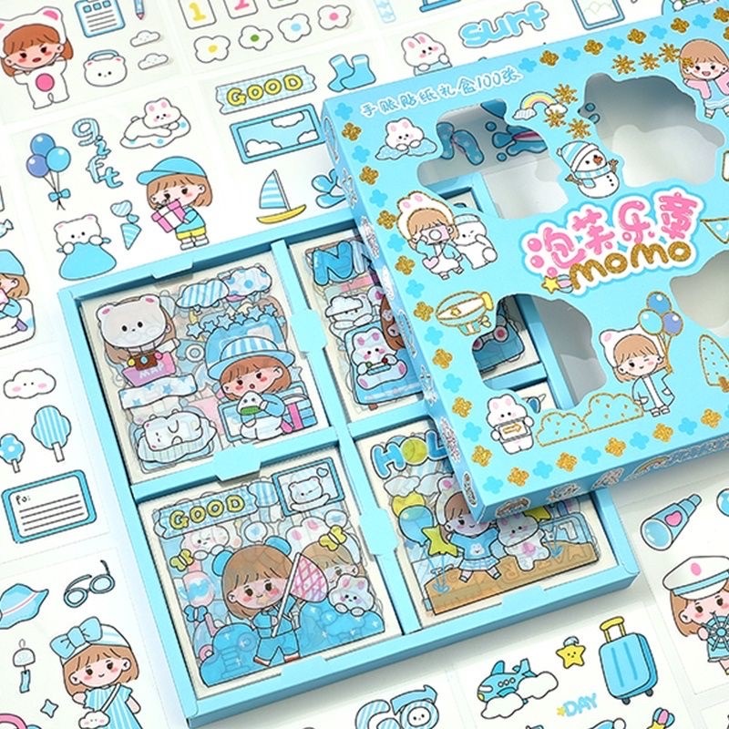 HC Sticker Waterproof Sticker Momo Dapat Box Isi 100 Lembar Anti Air Sticker Motif Kartun Anak