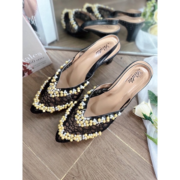 READY STOK Termurah!!! COD sendal payet hak 5cm Tali Ratu series hitam/senal payet weding