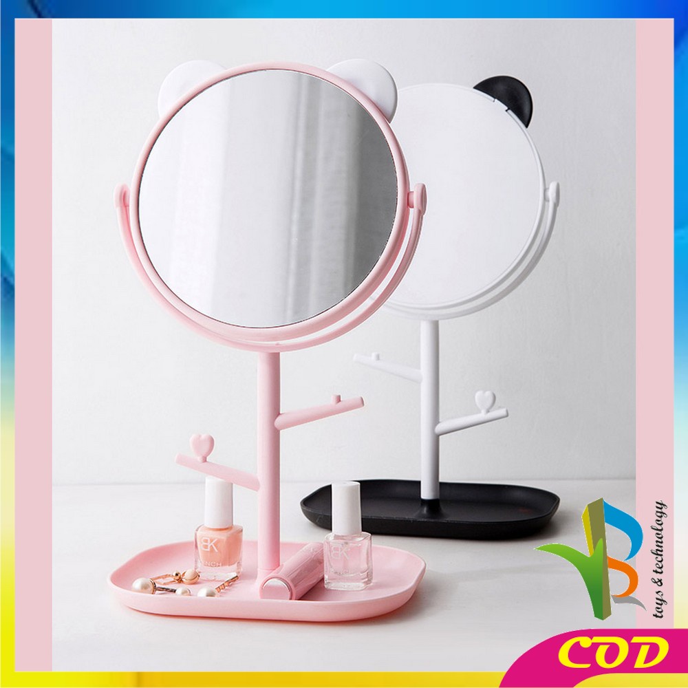 RB-K91 Cermin Motif Telinga Panda Serbaguna / Kaca Meja Rias Bulat Lucu / Standing Mirror Makeup Desktop Rotating Multifunction