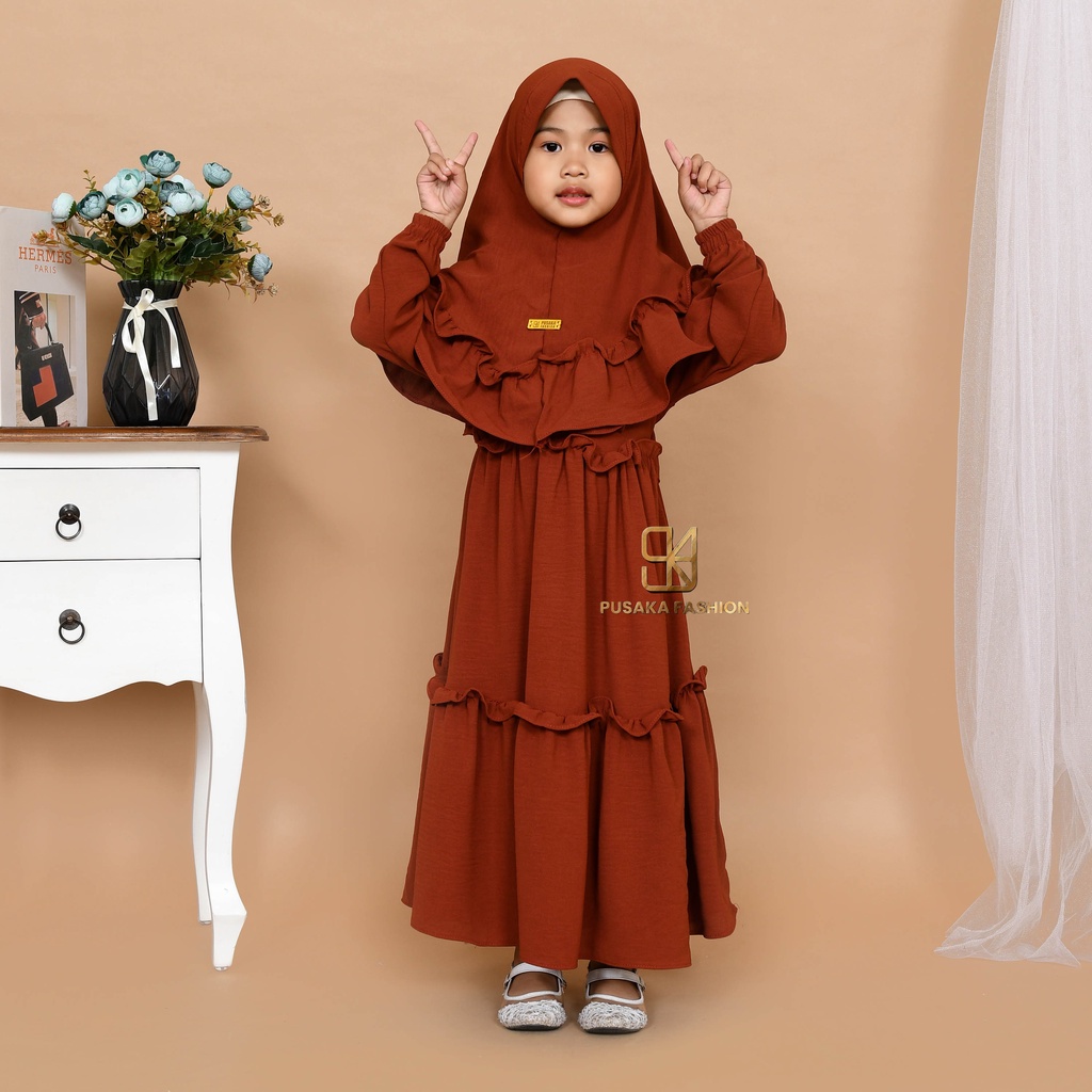 JIRA baju gamis syari anak perempuan cringkle fashion muslim terbaru  FREE hijab khimar modern dres stelan kerudung serut susun 4 - 9 tahun manasik mengaji maulid nabi warna putih tulang hitam bata lilac lemon pink fuchia moca sagr green olive kekinian