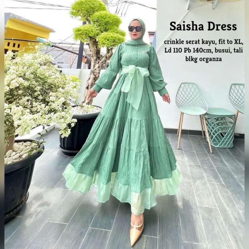 Saisha Dress Wanita Fashion Muslim Gamis Pesta Mewah Elegan Pakaian Wanita Kekinian Matt Rayon Serat Kayu Baju Kondangan Wanita