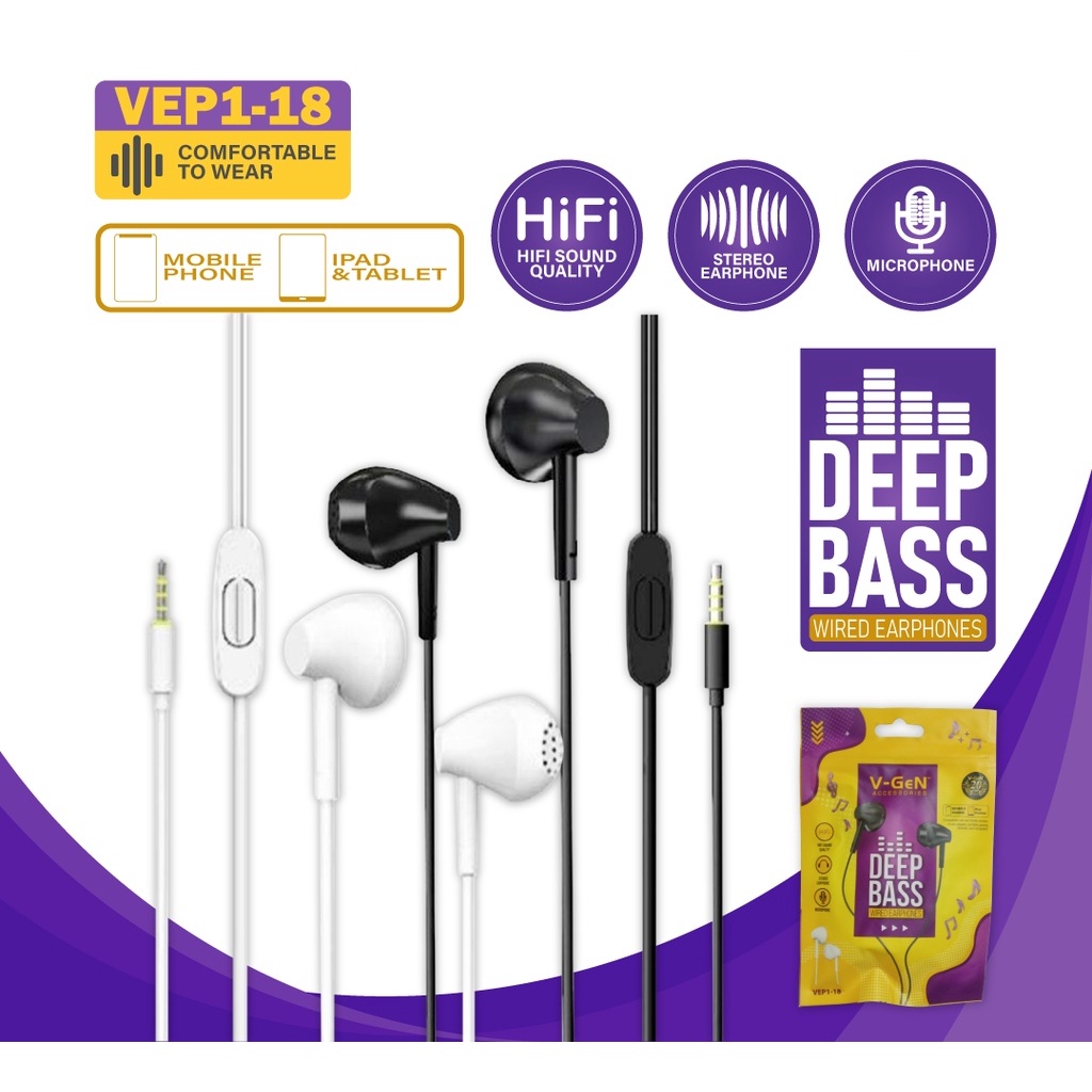Headset-Earphone V-Gen VEP1-18 Wired Earphones Deep Bass With Mic-Headset Handsfree V-GEN-Headset V-GEN Extra Bass-Headset Gaming Full Bass V-GEN VEP1-18 With