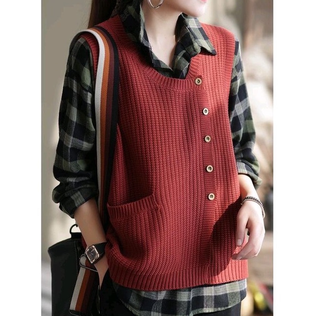 Vest Rompi Wanita Kancing Samping Rajut Tebal Premium Knit