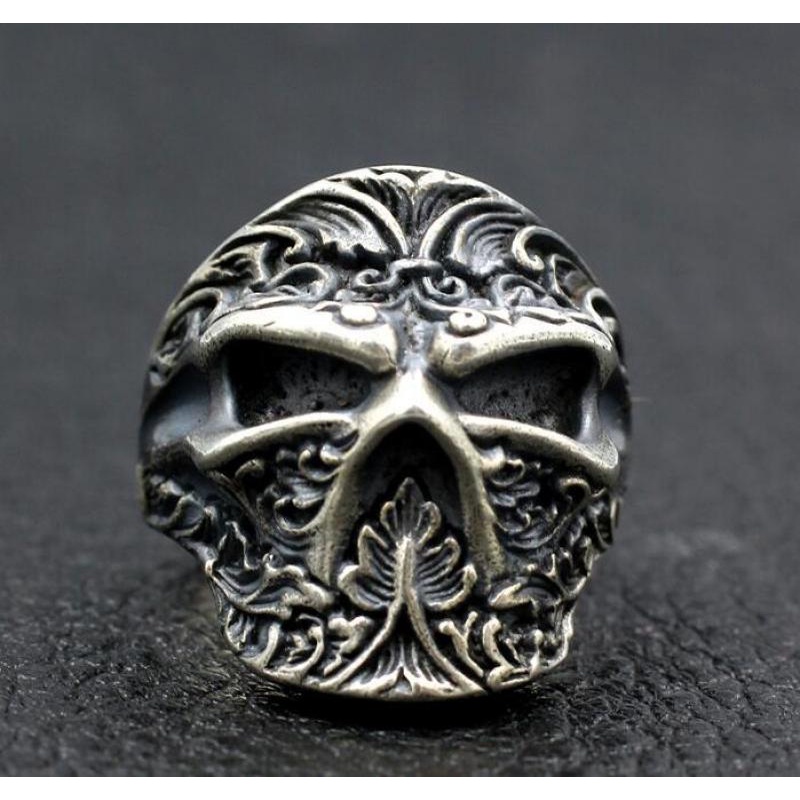 Cincin Lapis Silver Desain Tengkorak Tanaman Faceless Gaya Vintage Rock Untuk Pria