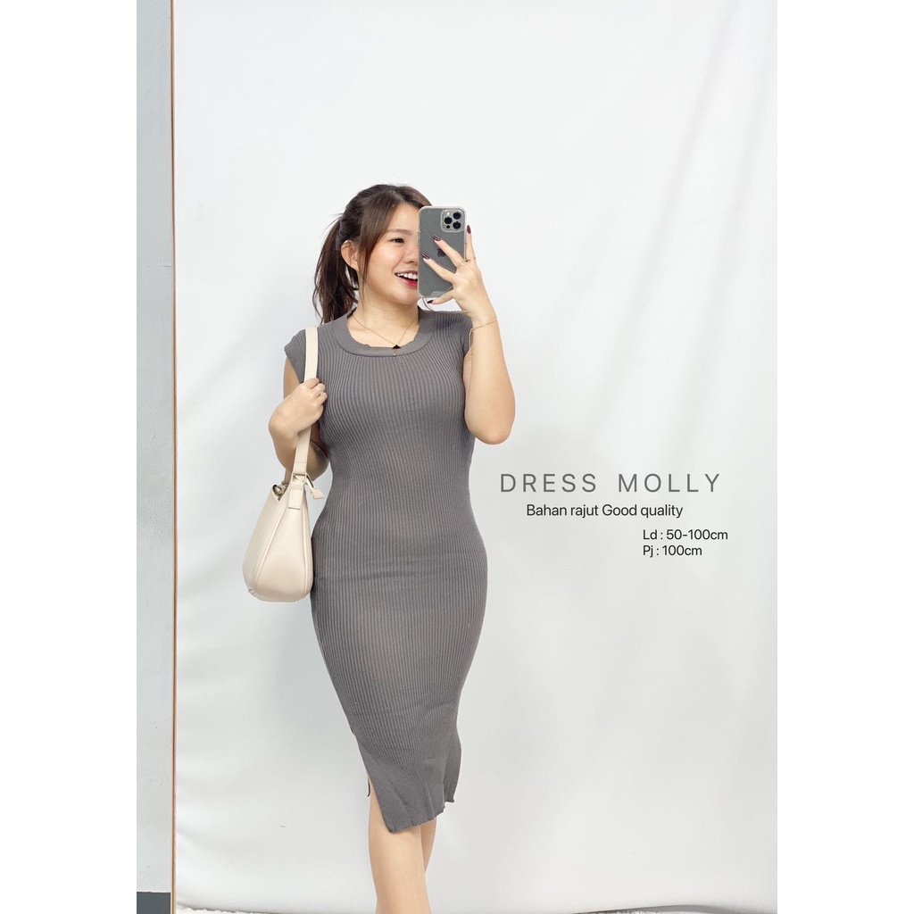 HOPYLOVY - Dress Midi Bahan Rajut Import Tanpa Lengan Good Quality Molly