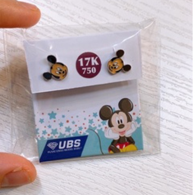 UBS Anting Emas Putih Anak Disney Mickey Mouse kadar 17K 750  (loop end design/toge)