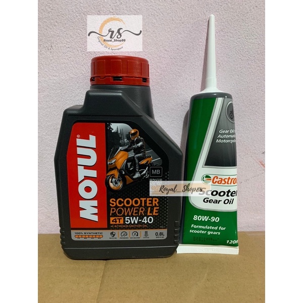 Oli Motul Scooter Power LE Sae 5W-40 Full Synthetic 0,8Liter(Orange) &amp; Oli Gardan Motul 120ml / Oli Gardan Castrol 120 Original