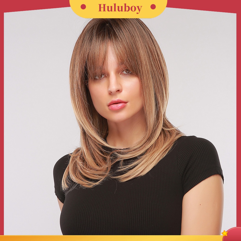 Wig Rambut Sintetis Model Panjang Warna Emas Dengan Poni Untuk Wanita