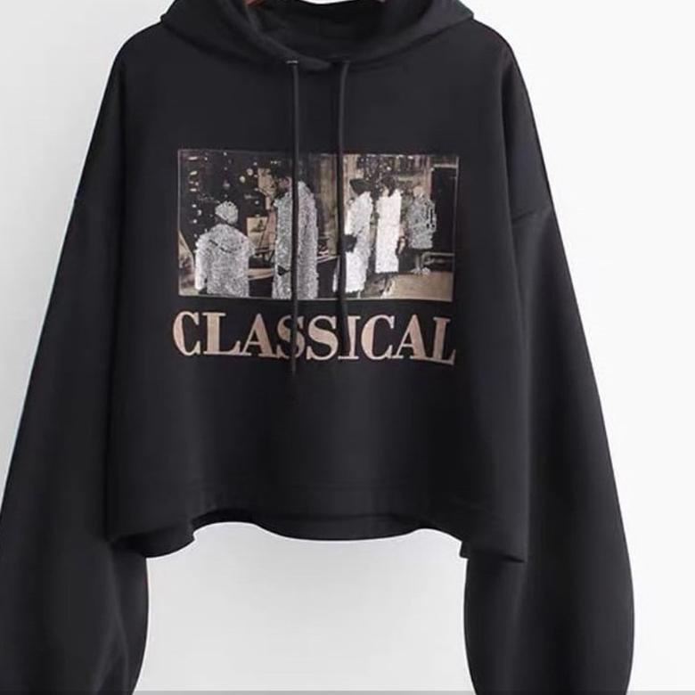 [KODE 77]  Hoodie Crop Wanita Classical | Korean Style | Baju Wanita | Bahan Fleece | Allsize