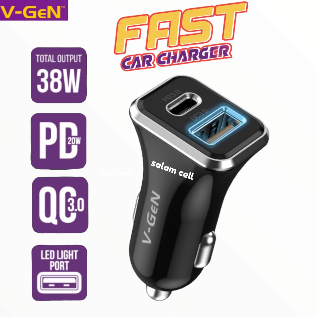 Charger Mobil/Motor V-Gen VCC-22 Fast Car Charger 38W Original Vgen Garansi Resmi