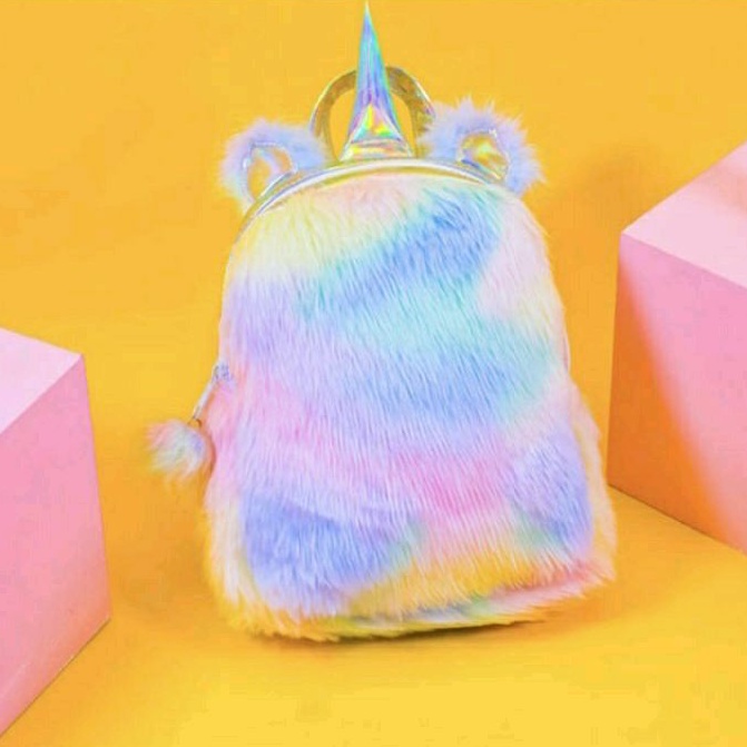 BIG SALE 7.7 COD Ransel Wanita / Anak Mini | Fluffy Unicron Mini Backpack Hologram  Rainbow | Bahan Bulu import dari korea dan disertai bahan hologram| Murah Bisa COD