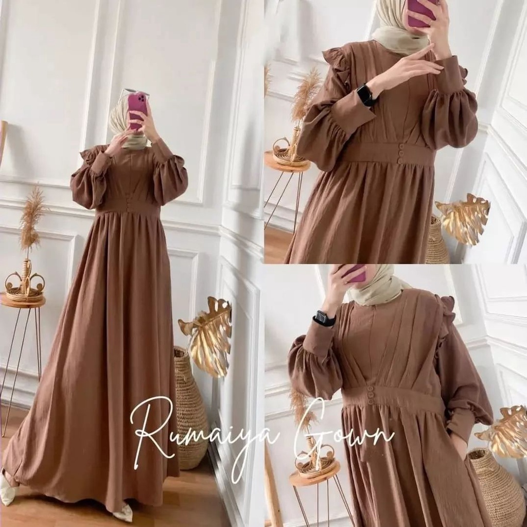 (COD) Rumaiya Dress Gamis Wanita Terbaru Bahan Crinkle Airflow Premium Aksen Bordir Kekinian Viral ootd 2022 / Dress Busui