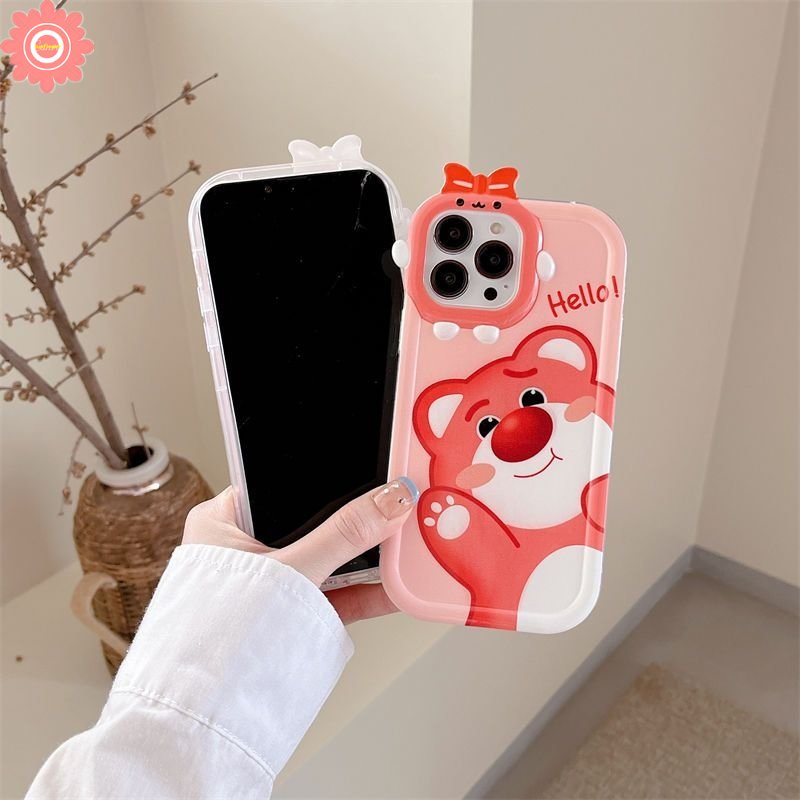 Kartun Strawberry Bear Manyo Case Realme C15 C30 C3 C12 C11 C31 C21 C20 C21Y C35 C33 C25 C25Y C25s 9i 9Pro+9 7i 8 7 5s 8Pro 5i 6i 5 C17 C2 3D Bow Little Monster Lens Lembut Sarung Cover Sarung