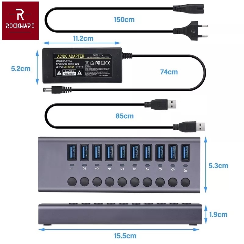 ROCKWARE WLX-985A - 10 Port USB 3.0 HUB - 5Gbps Hi-Speed Transmission