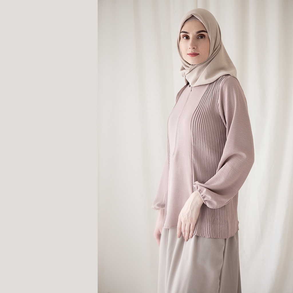 Asmara by Aska Label - atasan wanita plisket blouse wanita pleats bahan crinkle warna lilac, pink mauve, coklat mocca