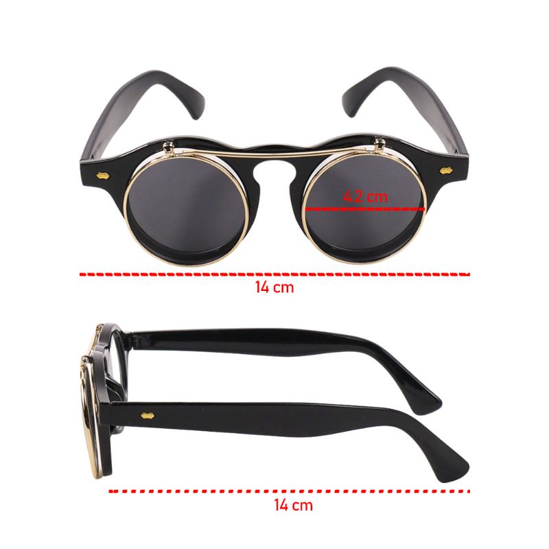 MOLNIYA Kacamata Fashion Pria Wanita Double Frame Steampunk 14 cm Desain Retro Klasik Bulat 2 Kaca Dua Lensa Frame Keren Kekinian Korea Anti UV Bening Hitam Alloy Polycarbonate