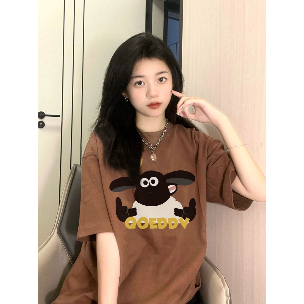Korean Style Vintage Kaos Lengan Pendek Cream Atasan Wanita Hitam Cartoon Sheep Oversize Printed T-shirt Kekinian
