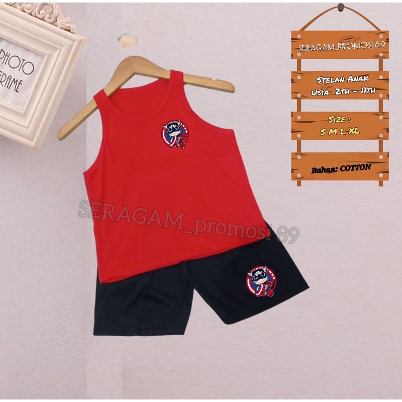 stelan singlet anak motif captain america / singlet anak laki-laki / kaos lengan buntung anak / kaos tanpa lengan anak / singlet set anak-anak / singlet katun anak unisex / COD singlet kartun anak / Grosir stelan anak / singlet anak sablon premium