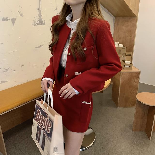 Suhao setelan dua potong wanita dalam versi Korea gaya asing mantel pendek wol kecil wanita + setelan rok ramping pinggang tinggi