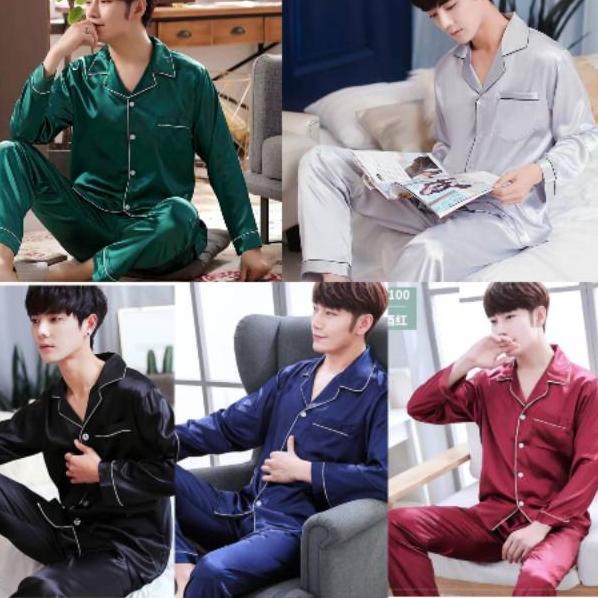 Murah Piyama baju tidur pria lengan panjang satin polos