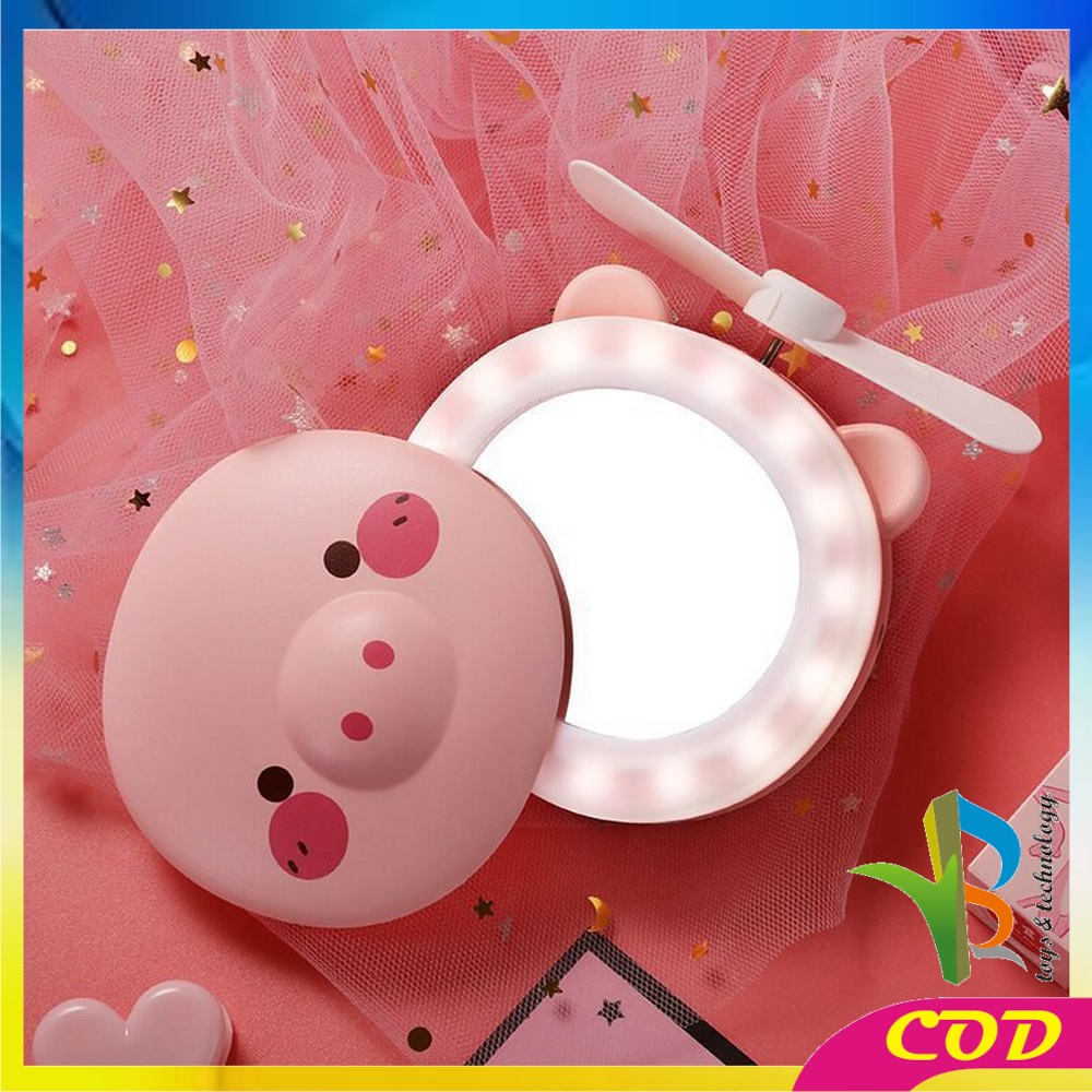 RB-K36 Kipas Cermin Makeup LED 3in1 Karakter Mini Fan Led Mirror USB Charger Cermin Make Up Portable