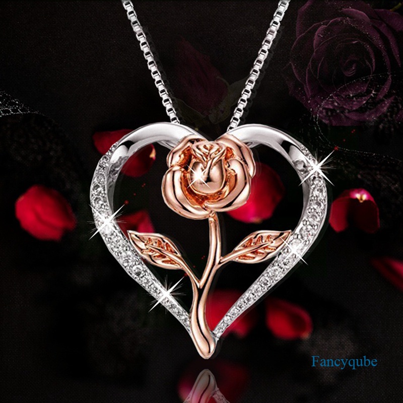 Kalung Fashion Wanita Perhiasan Aksesoris Desain Mawar Alloy Love Hias Kristal Necklace Untuk Wanita