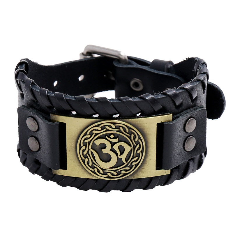 Viking Fashion Pria Stainless Steel Kulit Rune Lebar Gelang Kulit Hip Hop Pesta Perhiasan Aksesoris