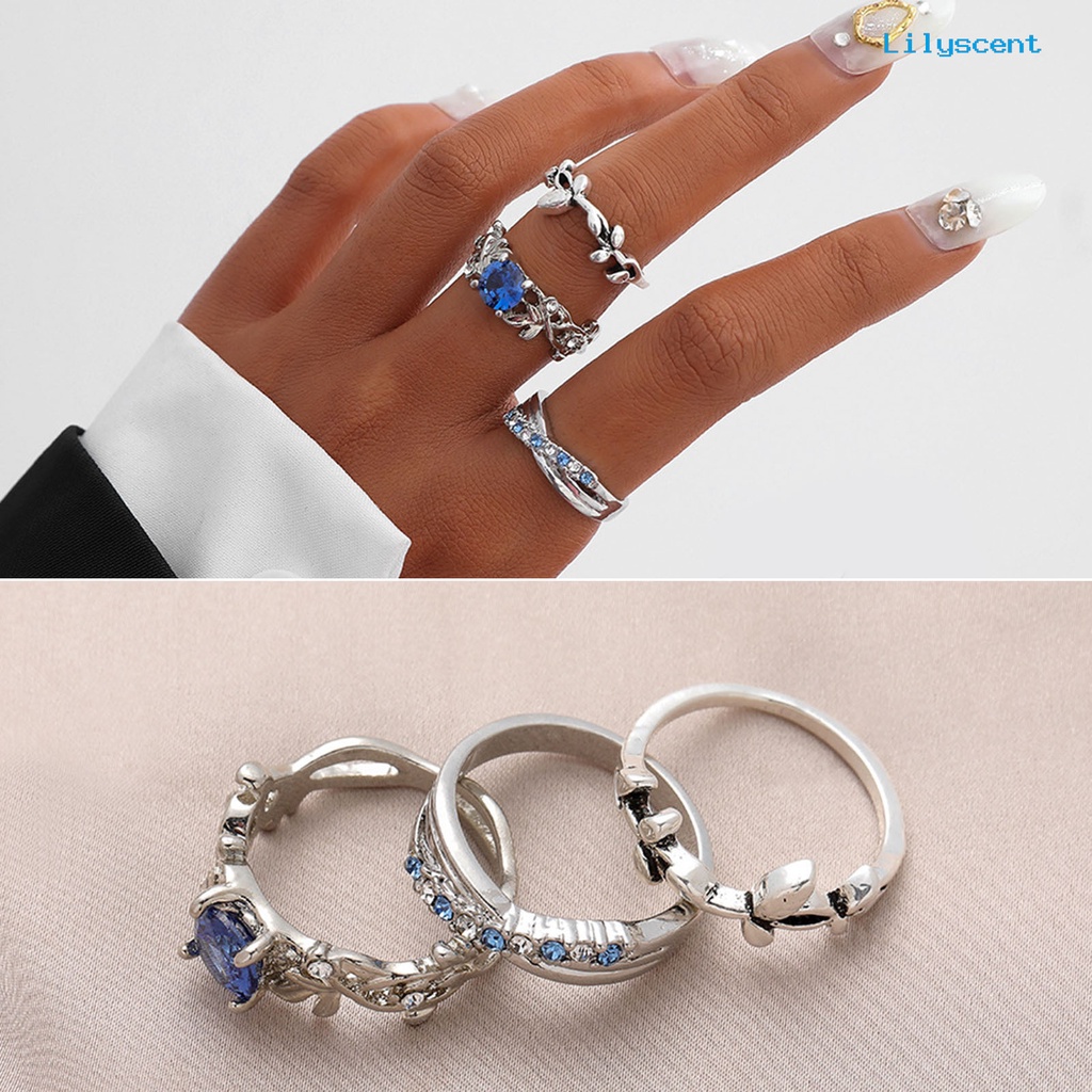 [LS]3Pcs Wanita Cincin Bunga Perhiasan Permata Imitasi Bersinar Stackable Knuckle Rings Untuk Pesta Perjamuan Prom