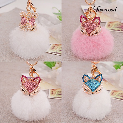 Twowood Hadiah Lucu Bling Berlian Imitasi Rubah Kelinci Fluffy Ball Gantungan Kunci Mobil Key Ring Pendant