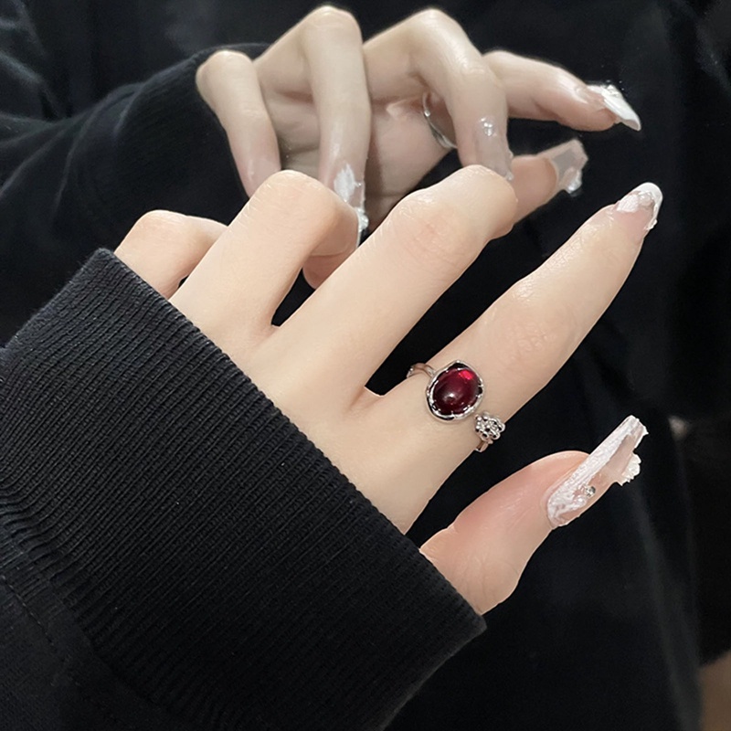 Cincin Tidak Teratur Dengan Opal Aesthetic Egirl Berongga Vintage Batu Merah Cincin Untuk Wanita Kuncup Bunga Cincin Terbuka Perhiasan Trendi