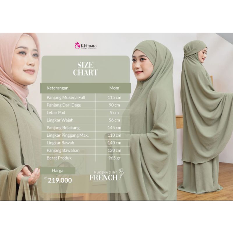 Mukena French by khimara | 3 in 1 | mukena resleting dagu | bahan crinkle airflow