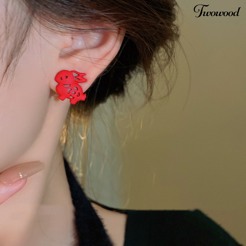 Twowood 3pasang Anting Wanita Dekorasi Telinga Merah Manis Gaya China Kartun Kelinci Stud Earrings Untuk Pacaran