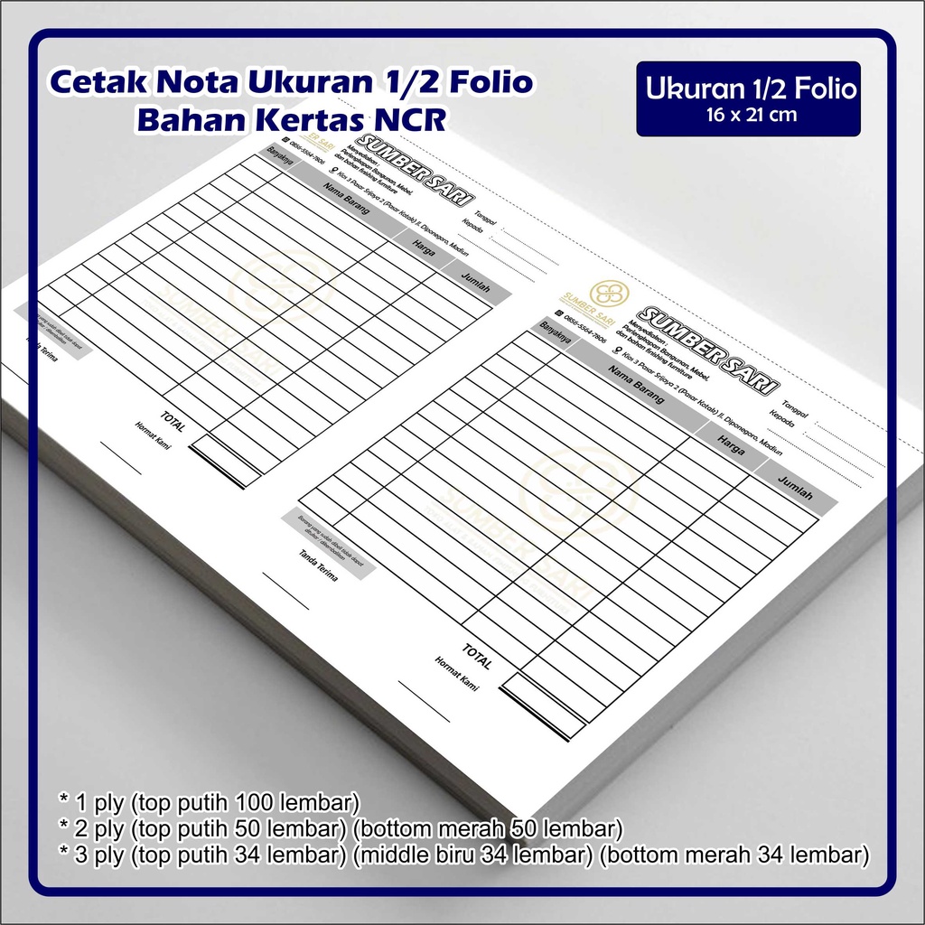 

Nota Ukuran 1/2 Folio Nota Toko Rangkap Nota Kontan Desain Custom Jual Ecer per nota