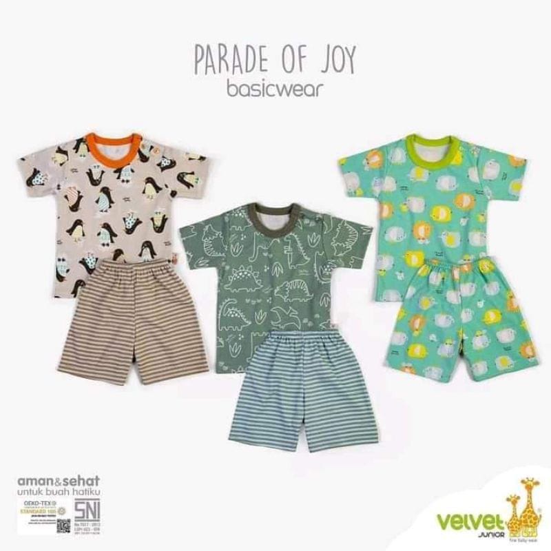 Velvet Junior 3 Setelan Pendek Oblong SML Baju Bayi Kacing Pundak Piyama Baby