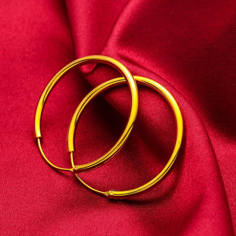 Goldkingdom Perhiasan Fashion Emas Asli Kadar 375 Bangkok Aksesoris Ready Stock Glossy Lebar 30mm Anting Lapis Emas Dengan Cincin Besar Untuk Pelangsing Wajah