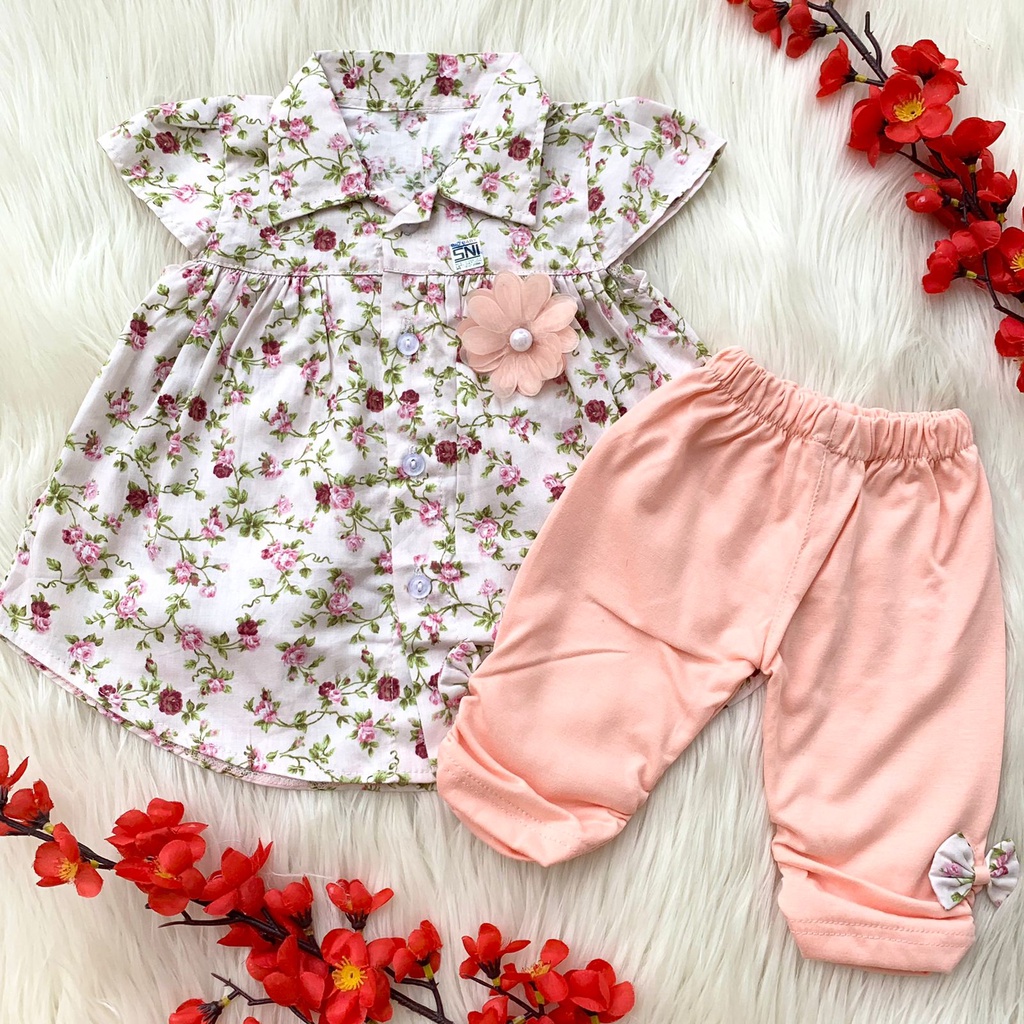 Baju setelan kemeja celana legging lucu bestseller motif bunga fashion anak bayi cewek perempuan cantik murah -lev