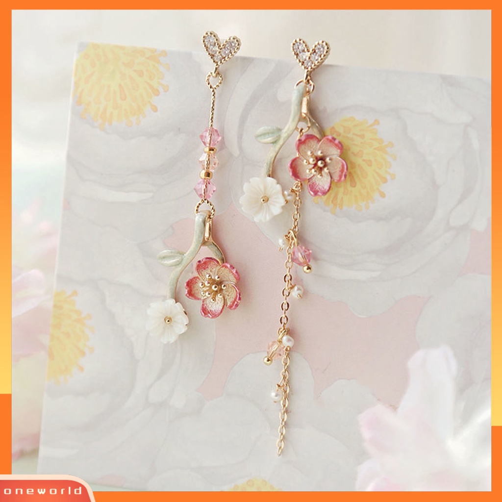 [WONE] 1pasang Drop Earrings Cherry Rhinestones Perhiasan Rumbai Panjang Bunga Menjuntai Anting-Anting Hadiah Ulang Tahun