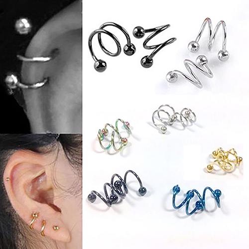 Ls 1pasang Punk Stainless Steel Spiral Helix Ear Stud Bibir Hidung Cincin Perhiasan Tindik Tubuh