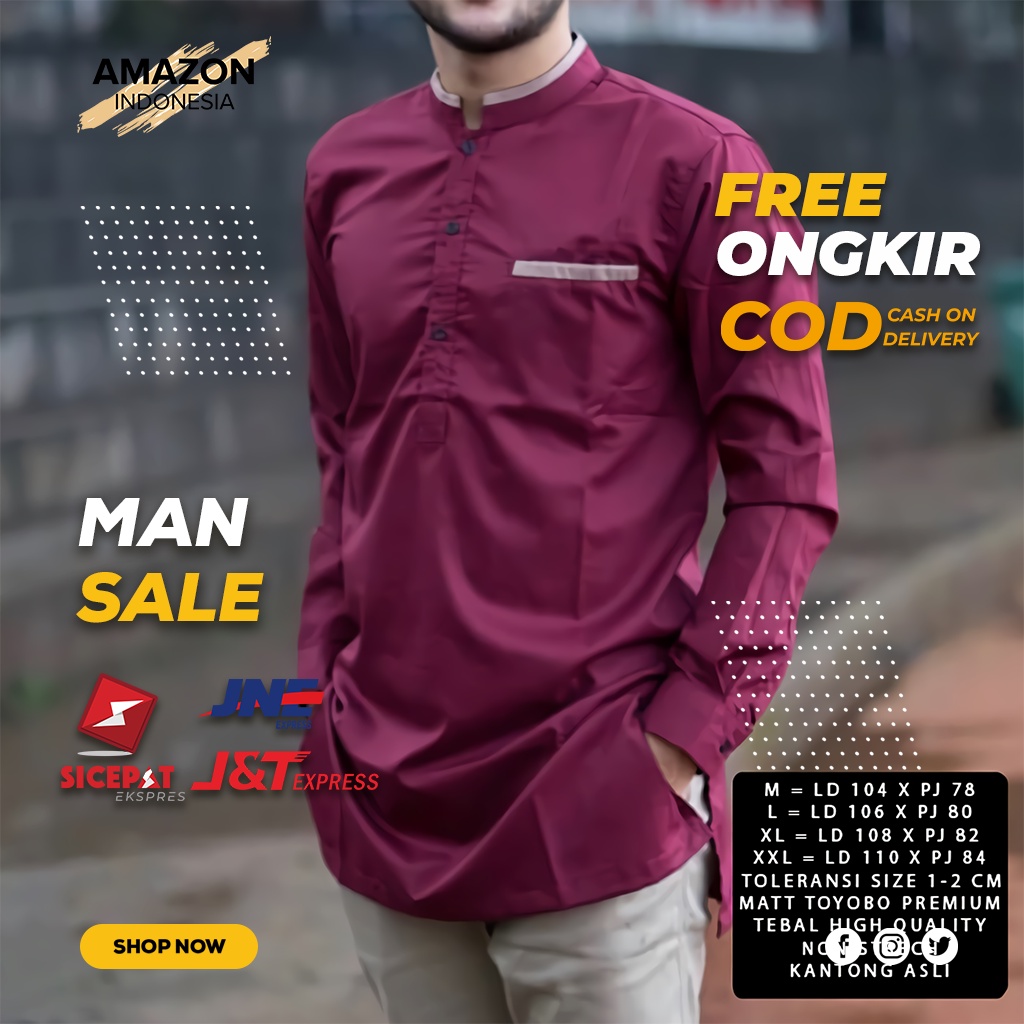 KEMEJA KOKO MUSLIM PRIA WARNA MARUN MAROON BAHAN KATUN TOYOBO PREMIUM LENGAN PANJANG IMPORT BAHAN DINGIN