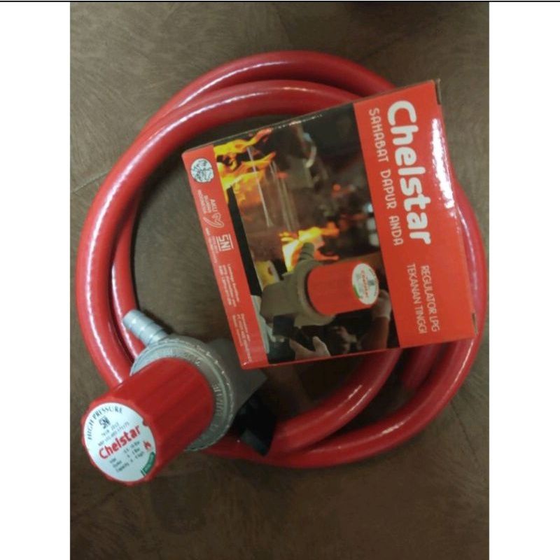 paket selang gas 2 meter SNI regulator chelstar ( tekanan tinggi ) dan 2 klem selang.