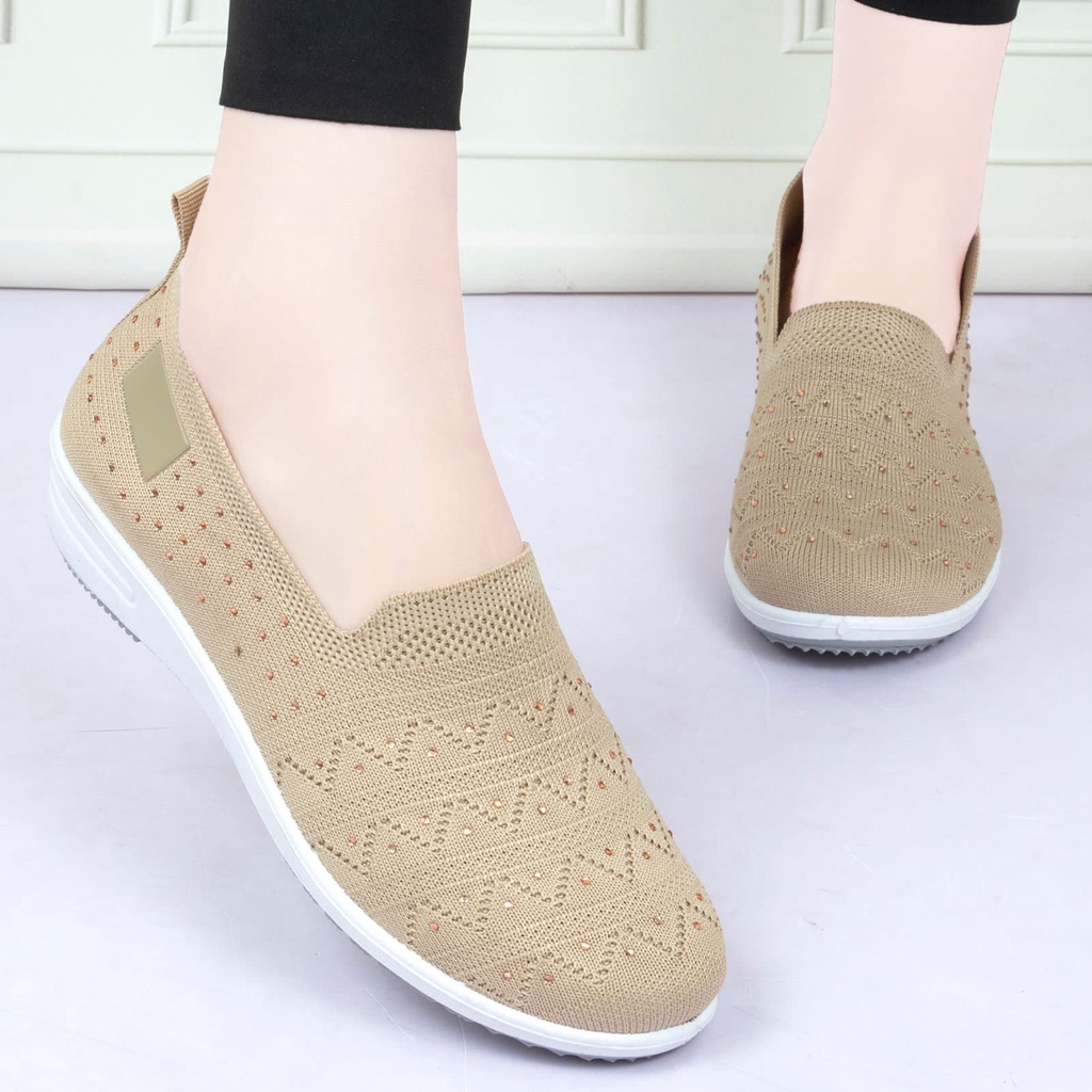 Permata Sepatu Highsole Slip On Wanita Q3641 Flyknit Shoes Import