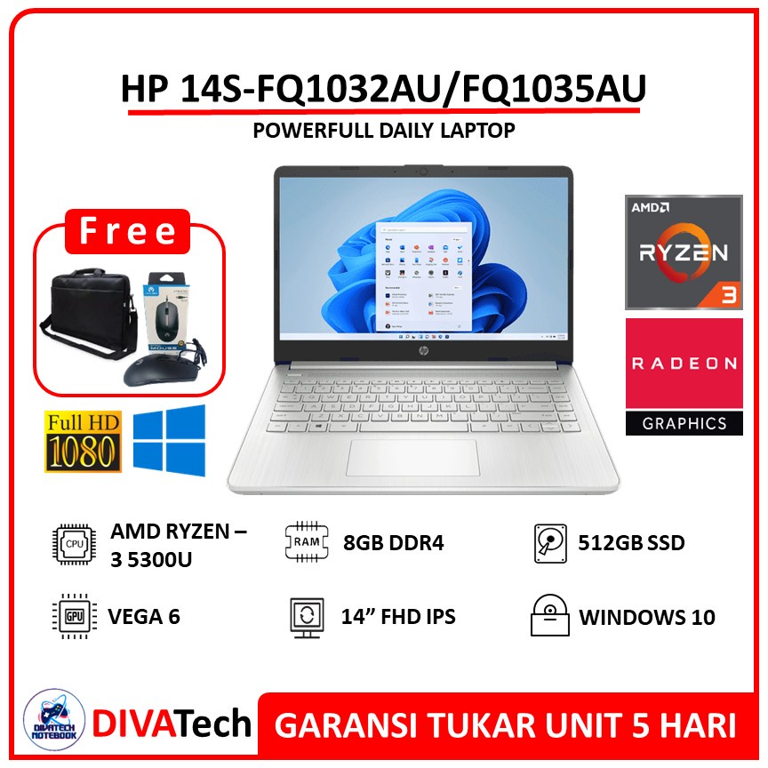 Laptop HP 14s FQ1032AU/FQ1035AU Ryzen 3 5300U 8GB 512GB SSD FHD IPS W11 | Laptop HP